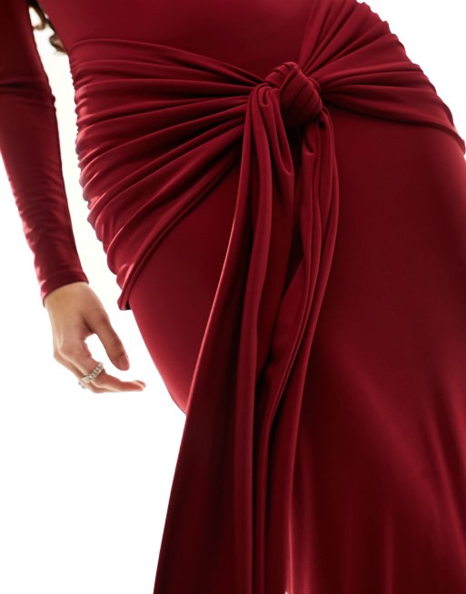 ASOS DESIGN tie front exaggerated drape maxi dress in wine