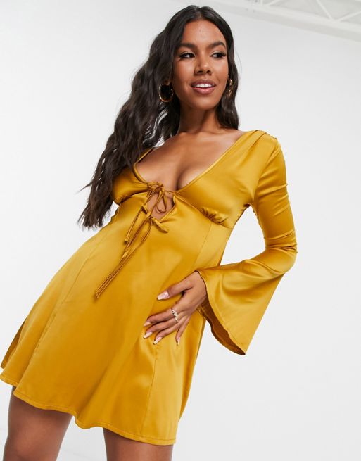 ASOS DESIGN tie front fit and flare skater mini dress in gold | ASOS