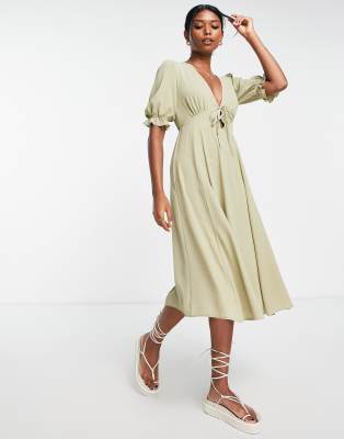 Asos Design Tie Front Flare Midi Tea Dress In Khaki-green