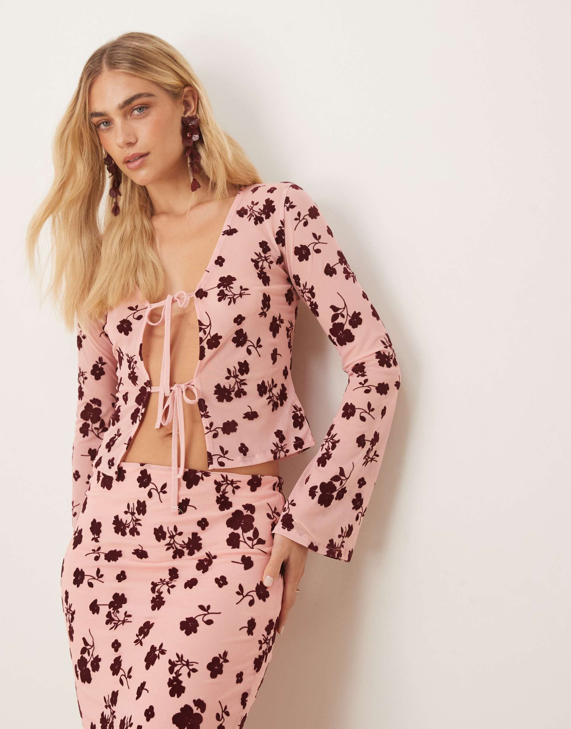 asos design tie front floral flocked sheer top in pink - part of a set
