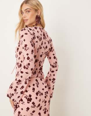 Asos Design Tie Front Floral Flocked Sheer Top