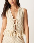 [ASOS DESIGN] ASOS DESIGN tie-front floral lace blouse in almond milk (Part of a set)-Black S Almond milk