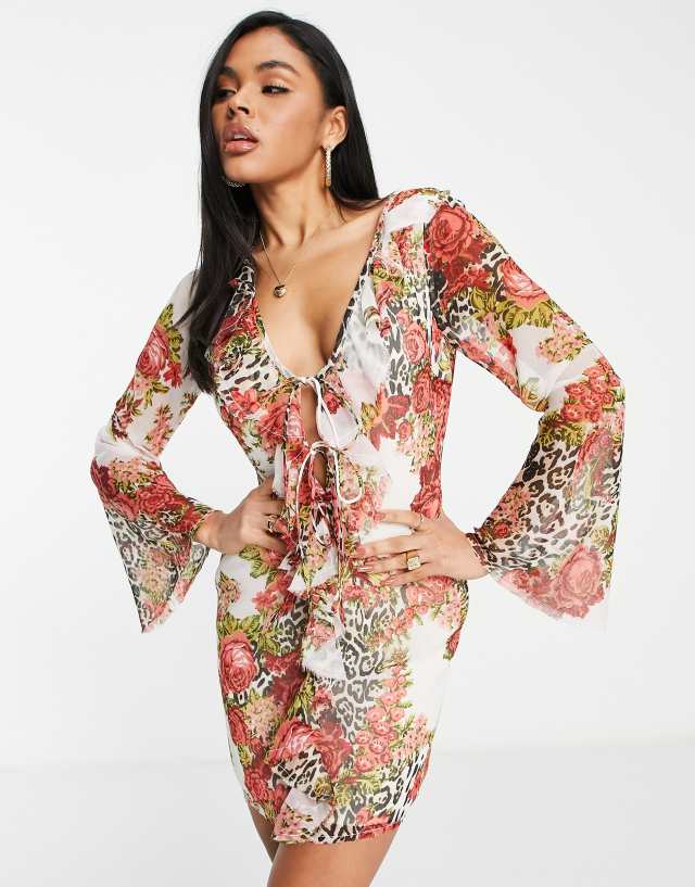 ASOS DESIGN tie front flute sleeve mini dress in animal floral print