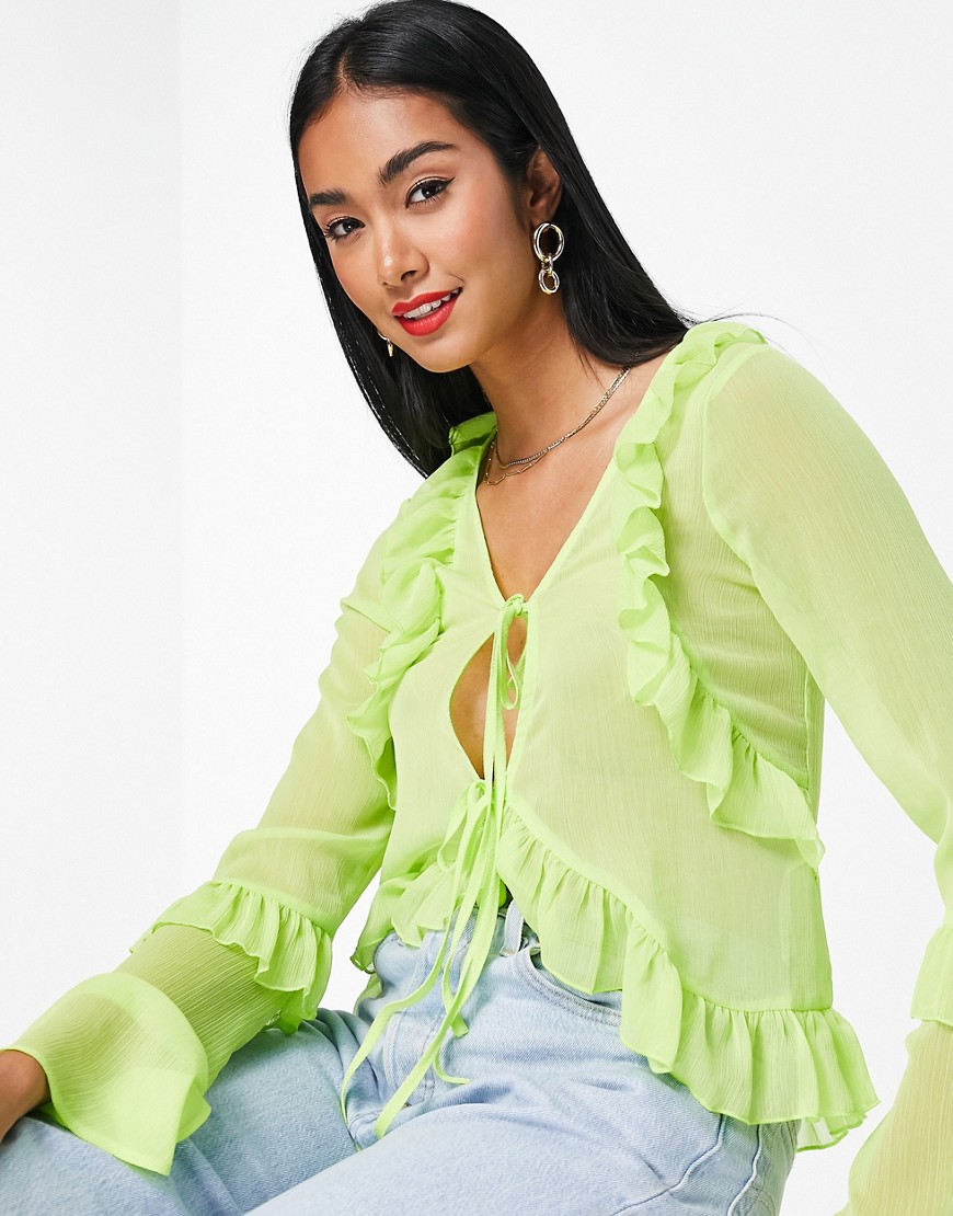 ASOS DESIGN tie front frill neck sheer blouse in lime-Green
