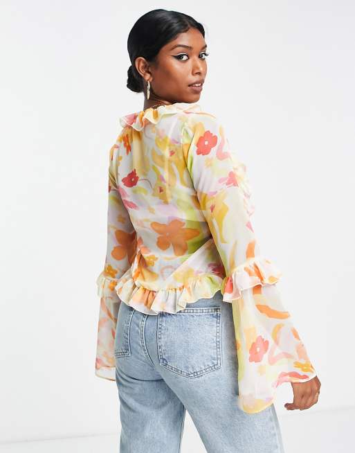 ASOS DESIGN tie front frill neck sheer blouse in print