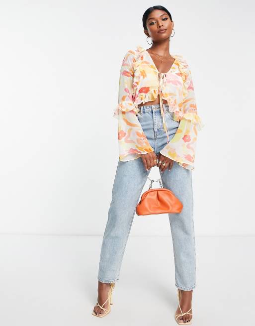 ASOS DESIGN tie front sheet blouse with frill neck in blue bright floral