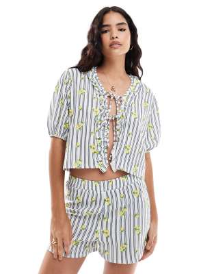 Asos Design Tie Front Frill Shirt In Lemon And Stripe Print - Part Of A Set-multi