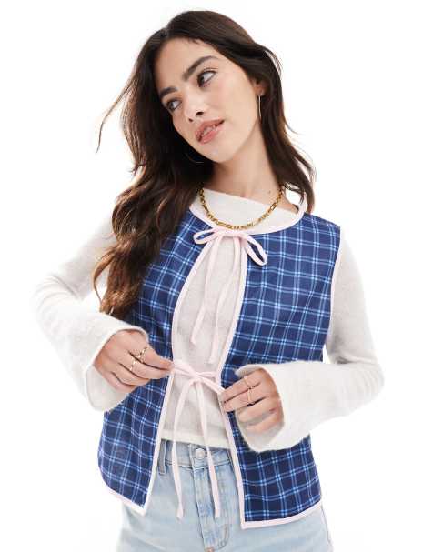 ASOS DESIGN tie front gilet in navy check - view 1