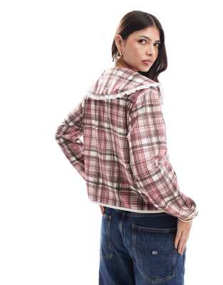 ASOS DESIGN tie front jersey collared shacket in pink check