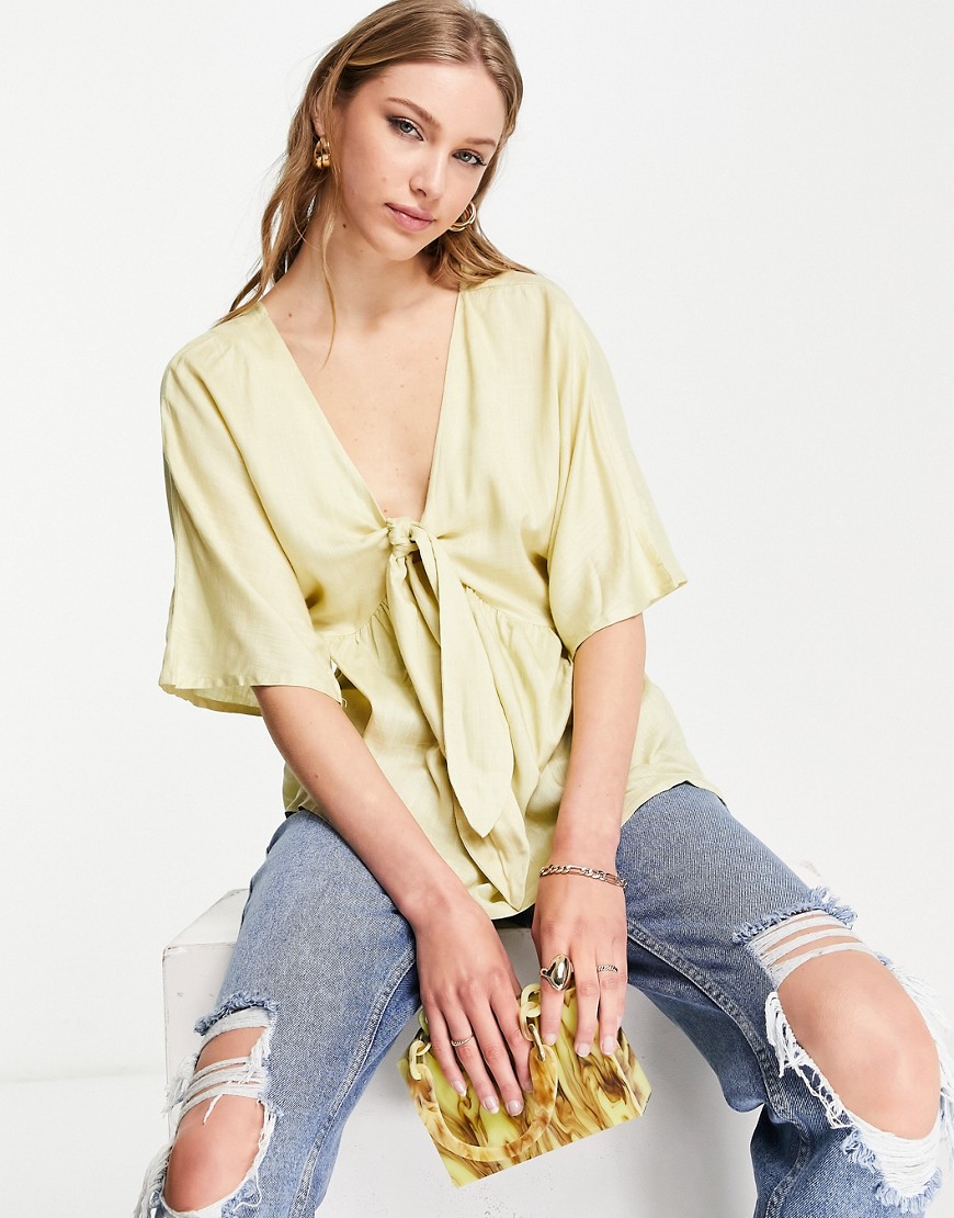 ASOS DESIGN tie front kimono top in washed lime-No color