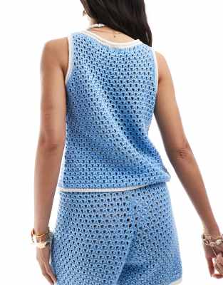 Asos Design Tie Front Knit Beach Top With Contrast Trim In Blue