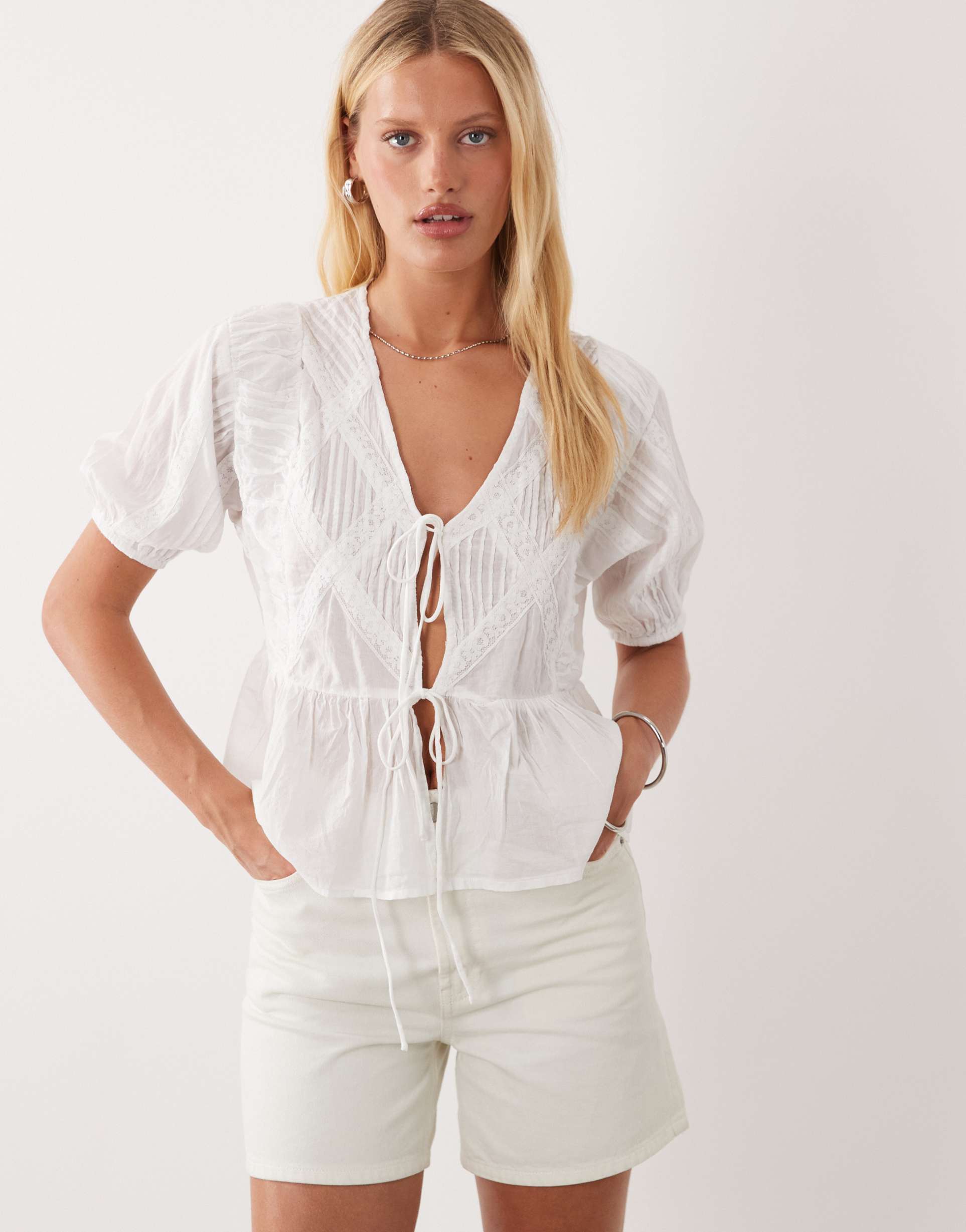 asos design tie front lace insert blouse in white
