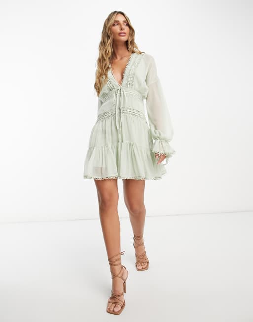 ASOS Maternity Drape Ruffle Midi Dress With Lace Insert And Tassel Detail  in Green