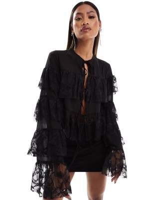 Asos Design Tie Front Layered Ruffle Blouse With Lace Inserts In Black