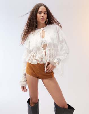 ASOS DESIGN ASOS DESIGN tie front layered ruffle blouse with lace inserts in ivory-White