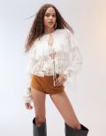 [ASOS DESIGN] ASOS DESIGN tie front layered ruffle blouse with lace inserts in ivory-White 12 Ivory