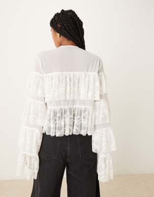 Asos Design Tie Front Layered Ruffle Blouse With Lace Inserts In White