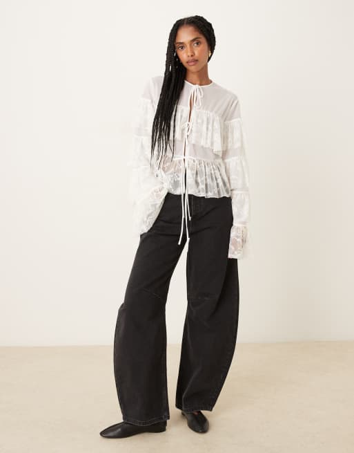 ASOS DESIGN tie front layered ruffle blouse with lace inserts in ivory, 4 of 4