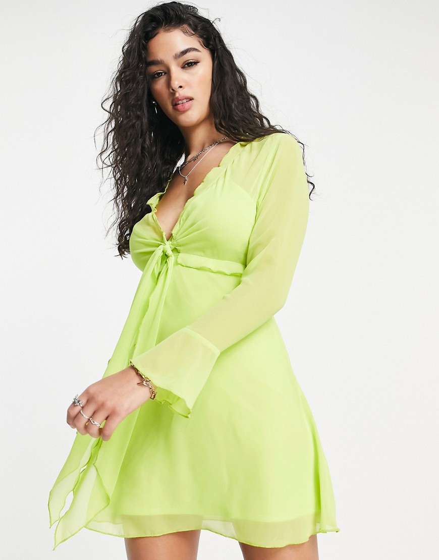 Asos Design Tie Front Lettuce Edge 90's Mini Tea Dress In Green