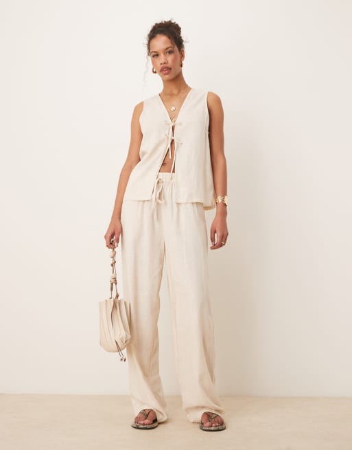 ASOS DESIGN tie front linen blend vest & pull on pants set in stone