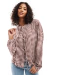[ASOS DESIGN] ASOS DESIGN tie front long sleeve blouse in burgundy gingham-Multi XS Burgundy Gingham