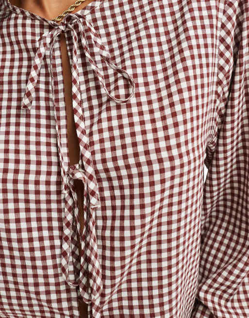 ASOS DESIGN tie front long sleeve blouse in burgundy gingham, 3 of 4