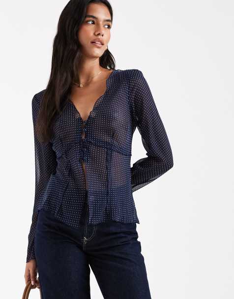 ASOS DESIGN tie front long sleeve chiffon blouse in polka dot - view 1