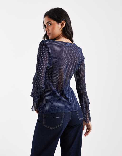 ASOS DESIGN tie front long sleeve chiffon blouse in polka dot