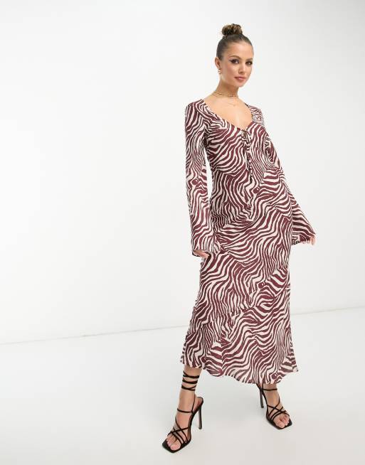 ASOS DESIGN tie front long sleeve midi dress in zebra print | ASOS