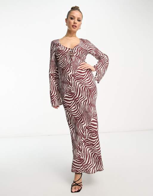 ASOS DESIGN tie front long sleeve midi dress in zebra print