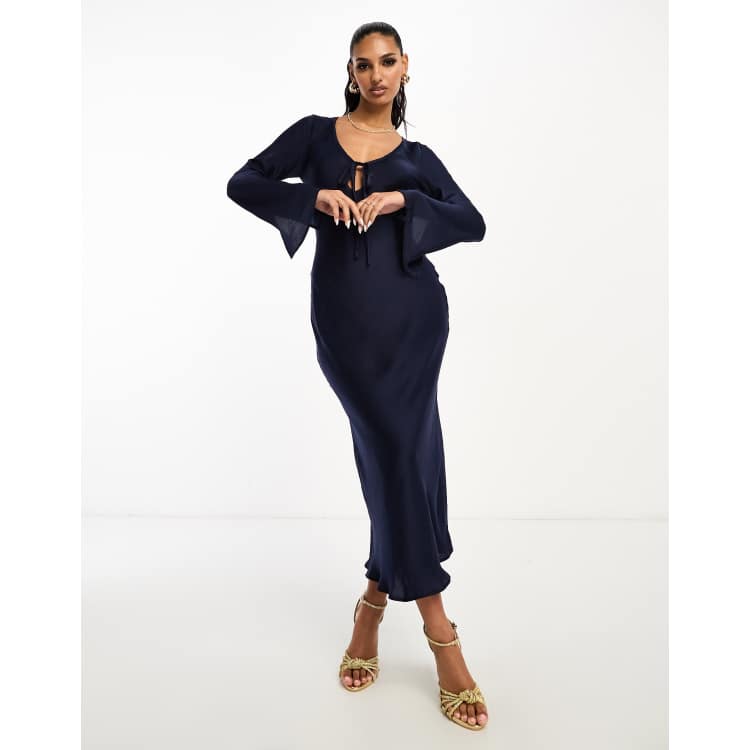 ASOS DESIGN tie front long sleeve midi dress with binding in navy