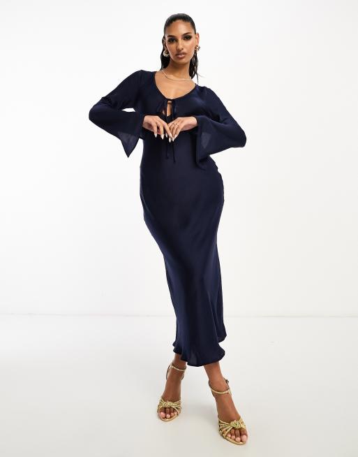 ASOS DESIGN tie front long sleeve midi dress with binding in navy | ASOS