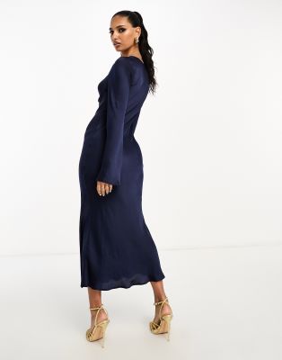 ASOS DESIGN tie front long sleeve midi dress with binding in navy