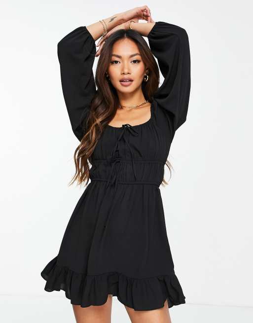 ASOS DESIGN tie front long sleeve mini tea dress in black ASOS