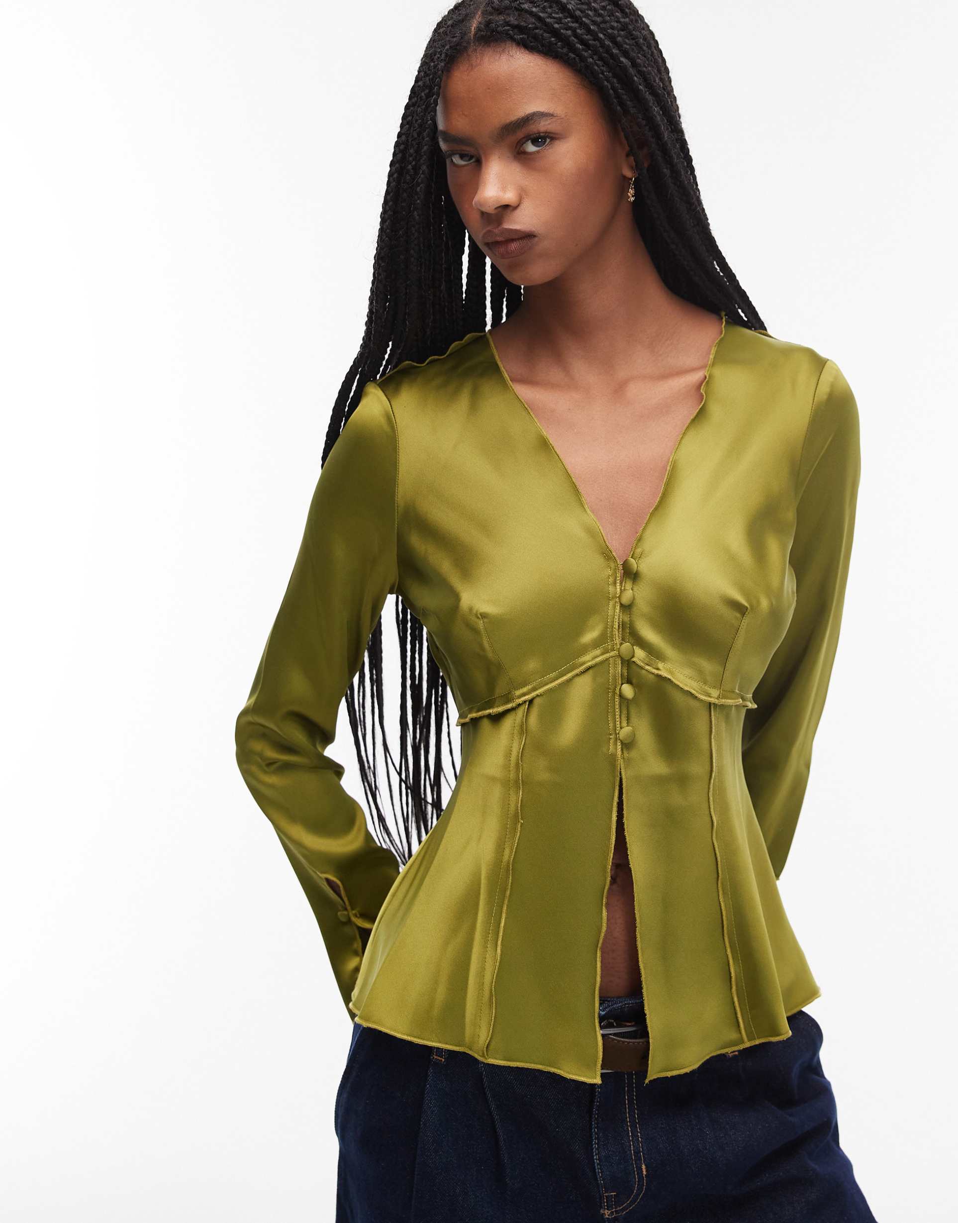 asos design tie front long sleeve satin top in olive