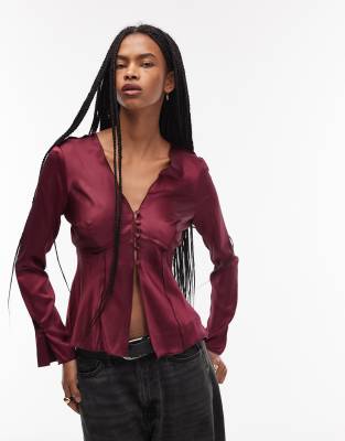 ASOS DESIGN tie front long sleeve satin top in plum-Purple