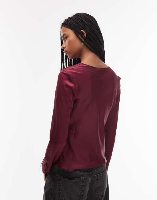 ASOS DESIGN tie front long sleeve satin top in plum, 4 of 4