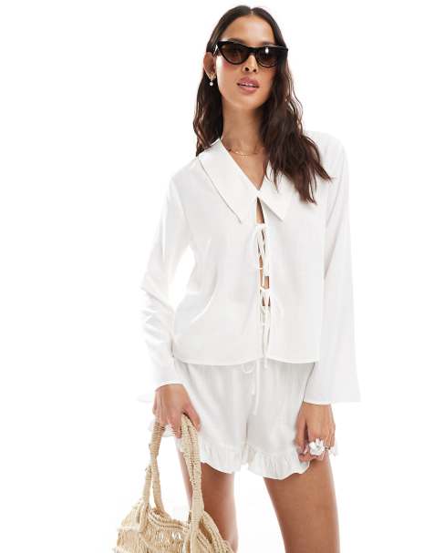 ASOS DESIGN tie front long sleeve top in white - part of a set - view 1