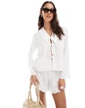 [ASOS DESIGN] ASOS DESIGN tie front long sleeve top in white (part of a set) 14 WHITE