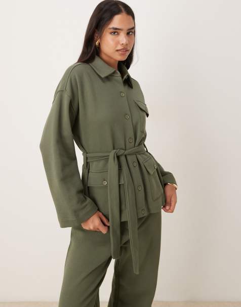 ASOS DESIGN tie front long sleeve twill jacket with buttons in khaki - part of a set - view 1