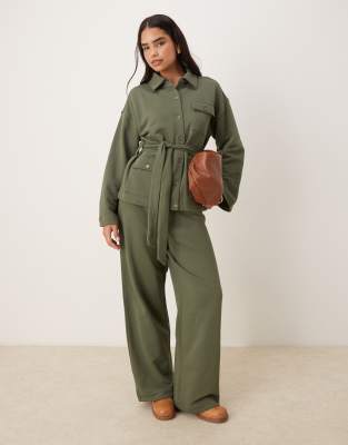 Asos Design Tie Front Long Sleeve Twill Jacket With Buttons In Green