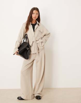 Asos Design Tie Front Long Sleeve Twill Sweatshirt With Buttons In Neutral