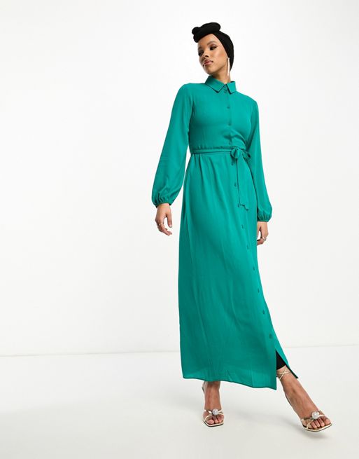 ASOS DESIGN tie front exaggerated drape maxi dress in bottle green
