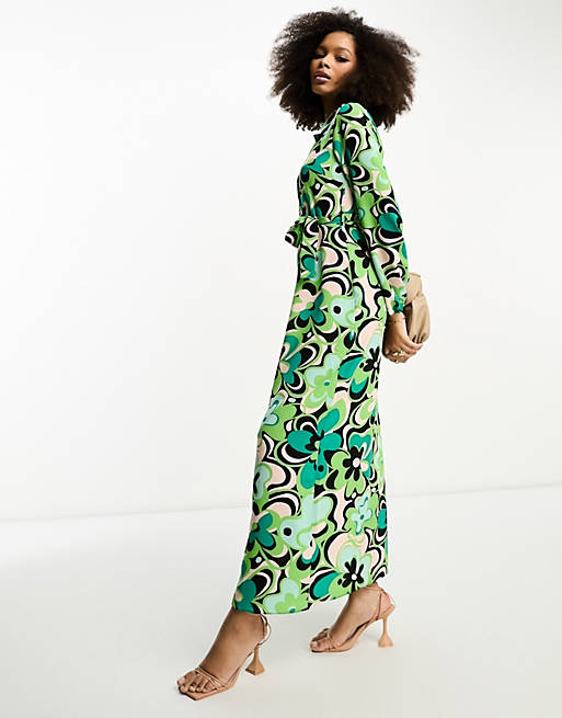 ASOS DESIGN tie front maxi shirt dress in large retro green floral ...