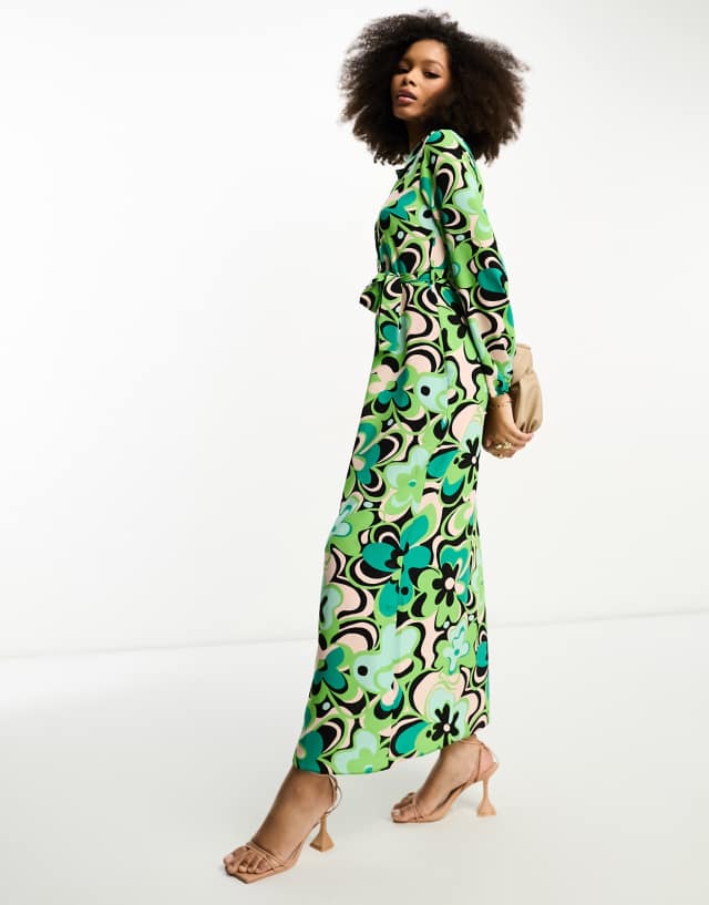 ASOS DESIGN tie front maxi shirt dress in large retro green floral print