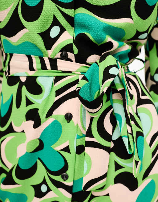 ASOS DESIGN tie front maxi shirt dress in large retro green floral print, 4 of 4