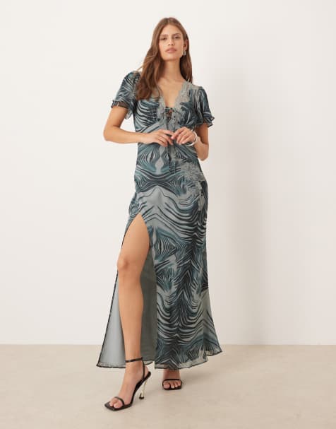 ASOS DESIGN tie front maxi tea dress with lace detail in gray zebra print - view 1
