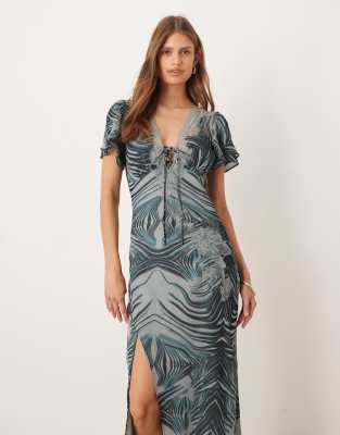 Asos Design Tie Front Maxi Tea Dress With Lace Detail In Blue