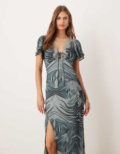 ASOS DESIGN tie front maxi tea dress with lace detail in grey zebra print, 2 of 4