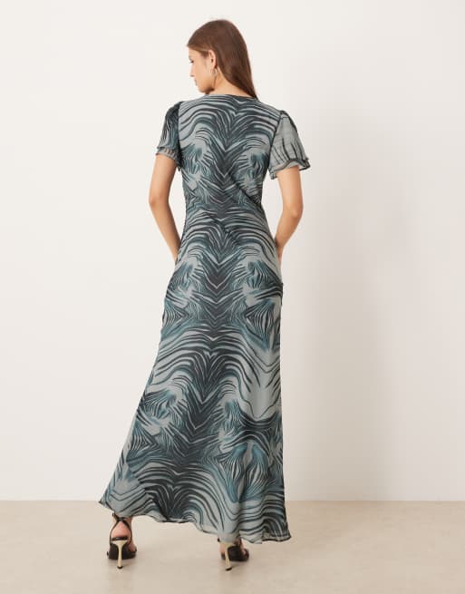 ASOS DESIGN tie front maxi tea dress with lace detail in grey zebra print, 3 of 4